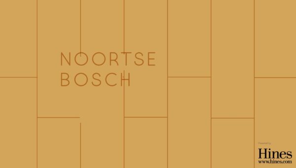 Logo van het project 'Noortse Bosch' op een oranje achtergrond met het Hines-bedrijfslogo rechtsonder.
