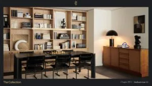 Moderne en stijlvolle lees- en werkruimte met boekenwand, zwarte tafel, designlamp en kunstobjecten aan de Stadhouderskade 85.