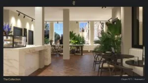 Moderne, stijlvolle horecazaak aan de Westermarkt met grote ramen, marmeren counter en veel groen.