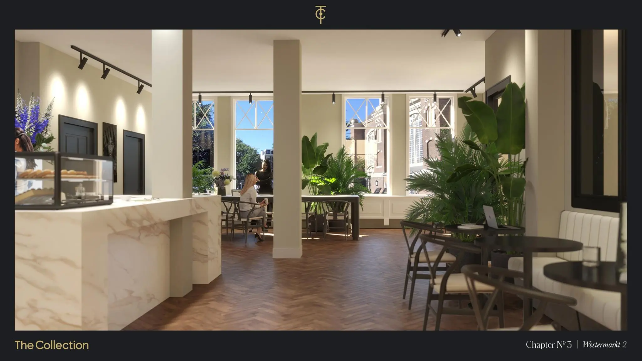 Moderne, stijlvolle horecazaak aan de Westermarkt met grote ramen, marmeren counter en veel groen.