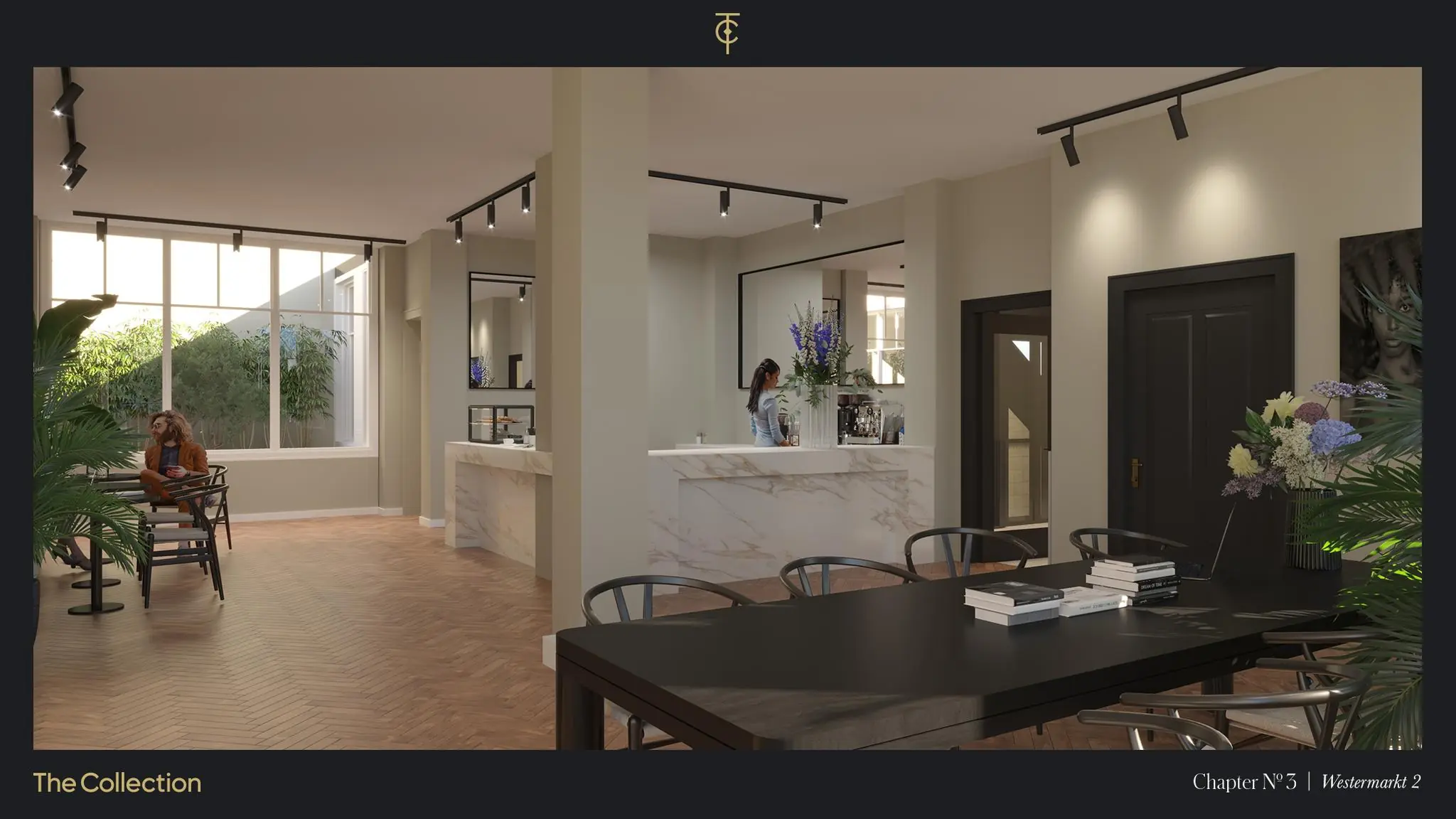 Luxe en modern ingerichte lobby aan de Westermarkt 2 met marmeren balie, grote ramen en stijlvolle zitplekken.