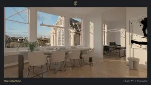 Luxe, modern ingericht kantoor met uitzicht op de Westerkerk aan de Westermarkt in Amsterdam.