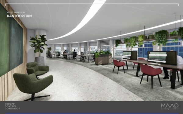Artist impression van een moderne kantoortuin op het Wilhelminaplein met open werkplekken, veel groen en natuurlijk licht.