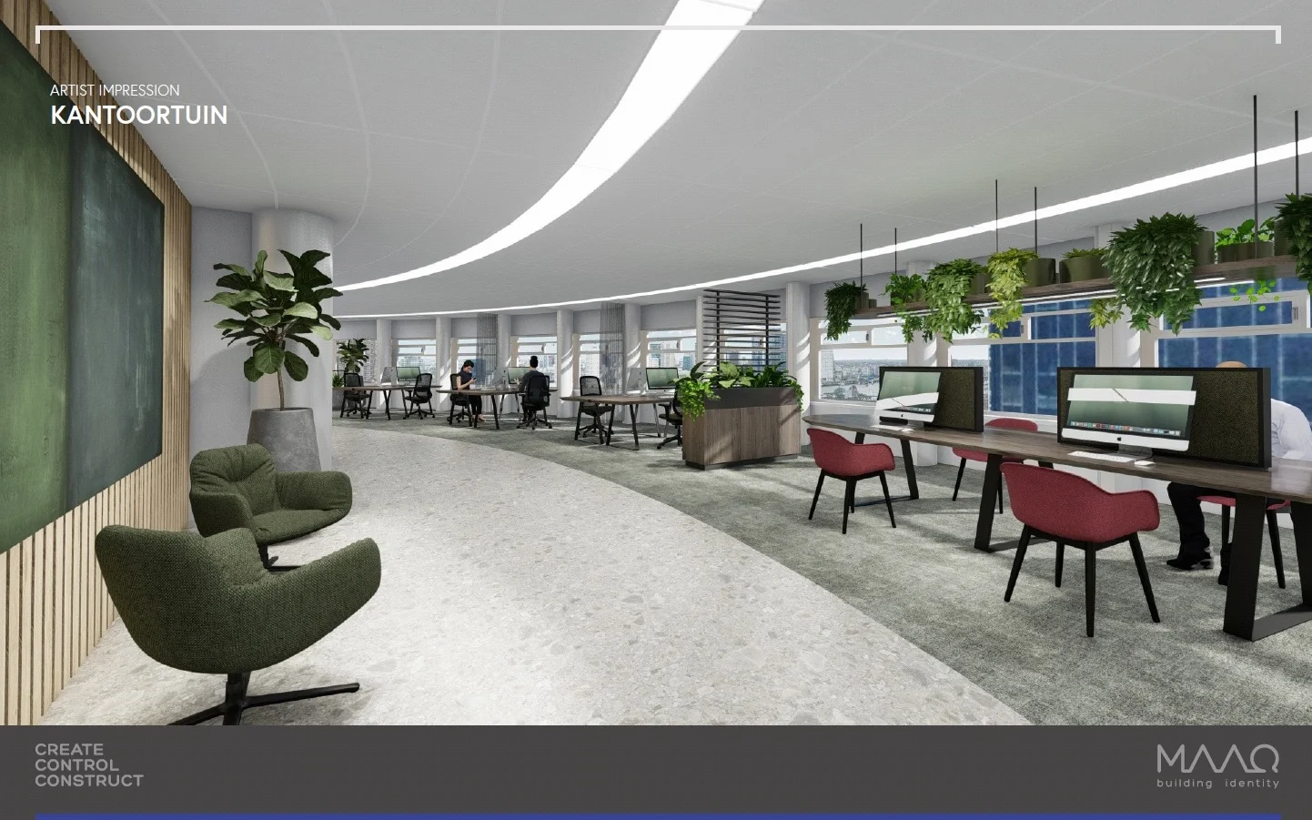 Artist impression van een moderne kantoortuin op het Wilhelminaplein met open werkplekken, veel groen en natuurlijk licht.