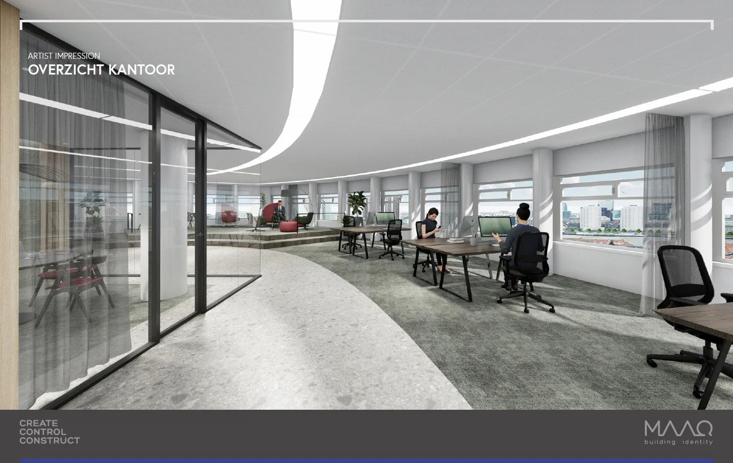 Artist impression van een licht en modern kantoorinterieur aan het Wilhelminaplein met open werkplekken en vergaderruimten.