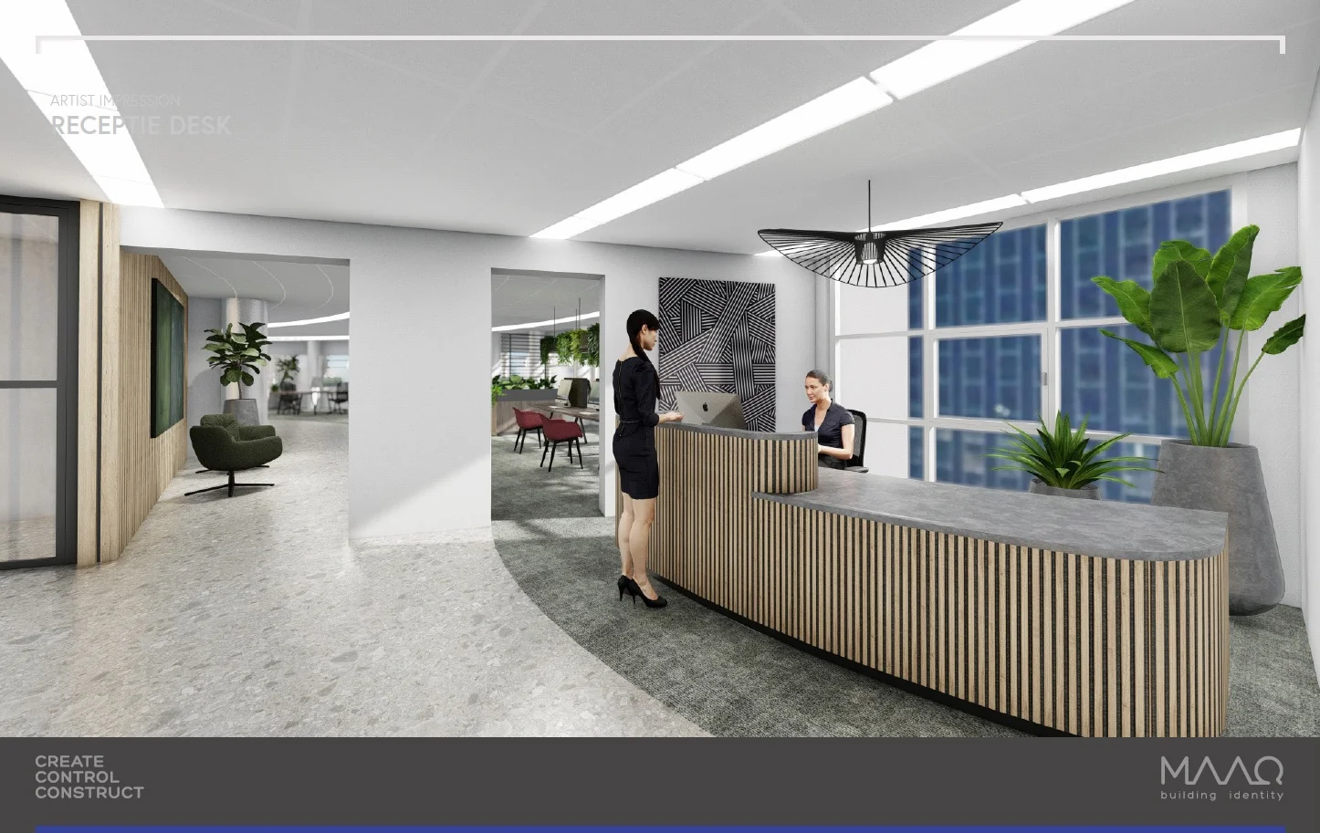 Artist impression van een moderne receptiebalie op Wilhelminaplein met twee vrouwen, één aan de balie en één erachter.