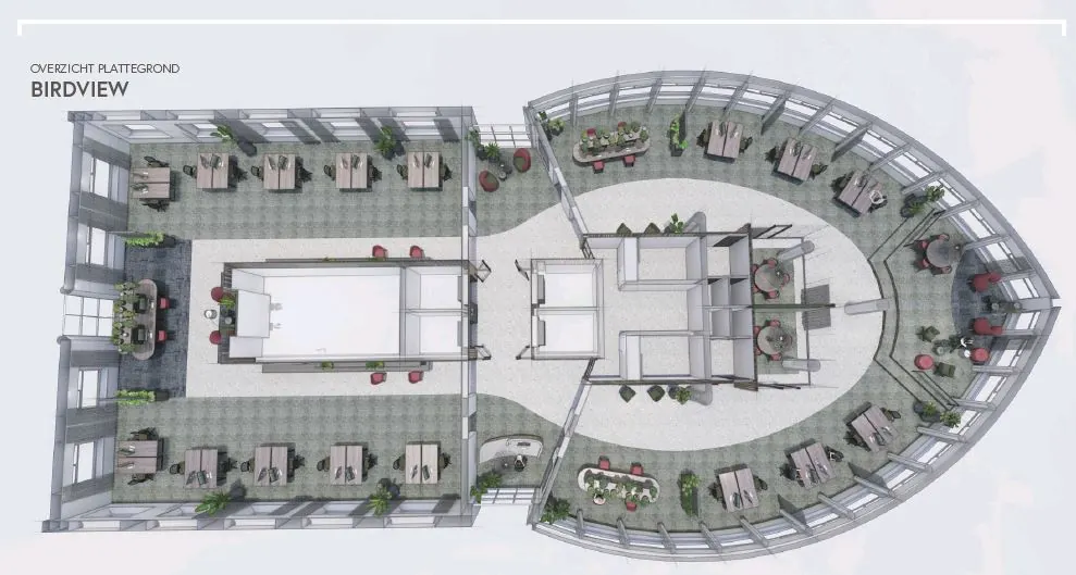 Vogelvluchtweergave van het plattegrondontwerp van een kantoorruimte op het Wilhelminaplein.