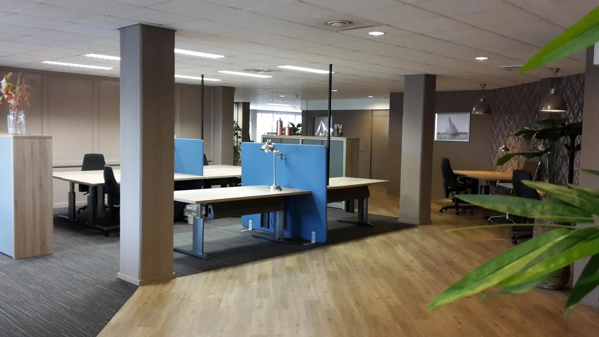 Modern ingericht kantoor met meerdere werkplekken, scheidingspanelen en houten vloer op de Zaagmolenlaan.