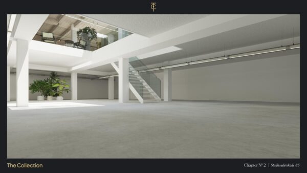 Licht en modern interieur van een open ruimte met betonnen vloer, glazen trap en planten, gelegen aan de Stadhouderskade 85.