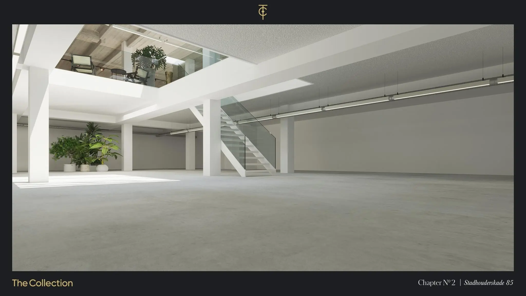 Licht en modern interieur van een open ruimte met betonnen vloer, glazen trap en planten, gelegen aan de Stadhouderskade 85.