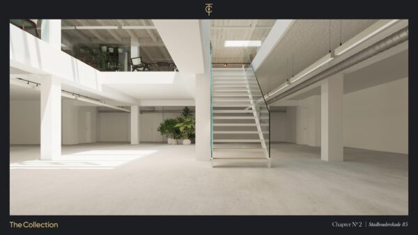 Licht en modern interieur van een gerenoveerde kantoorruimte aan de Stadhouderskade 85 met een witte trap en glazen balustrade.