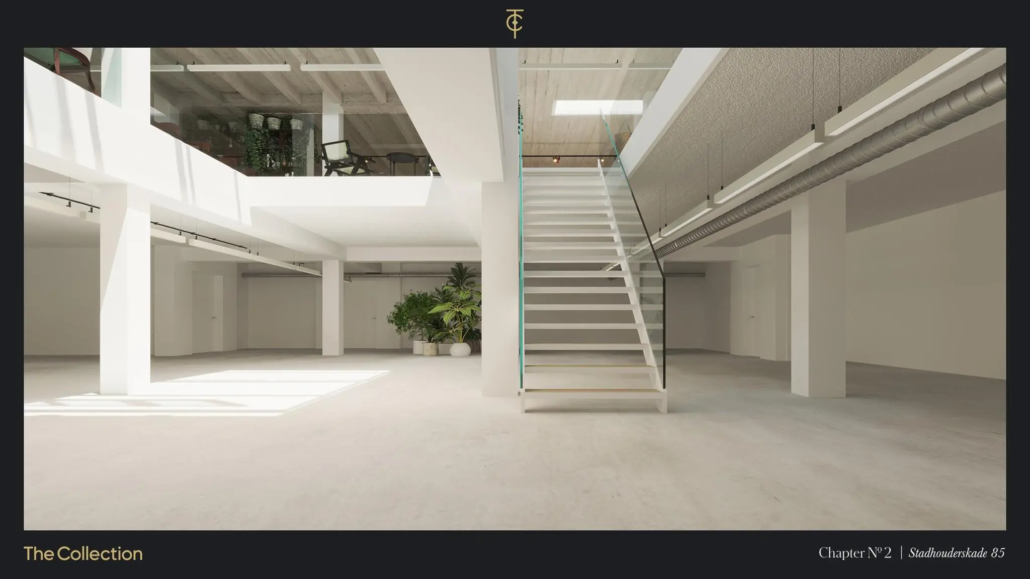 Licht en modern interieur van een gerenoveerde kantoorruimte aan de Stadhouderskade 85 met een witte trap en glazen balustrade.