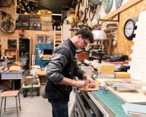 Man werkt aan notitieboeken in een creatieve, industrieel ingerichte kantoorruimte op Steiger 24 in Almere.