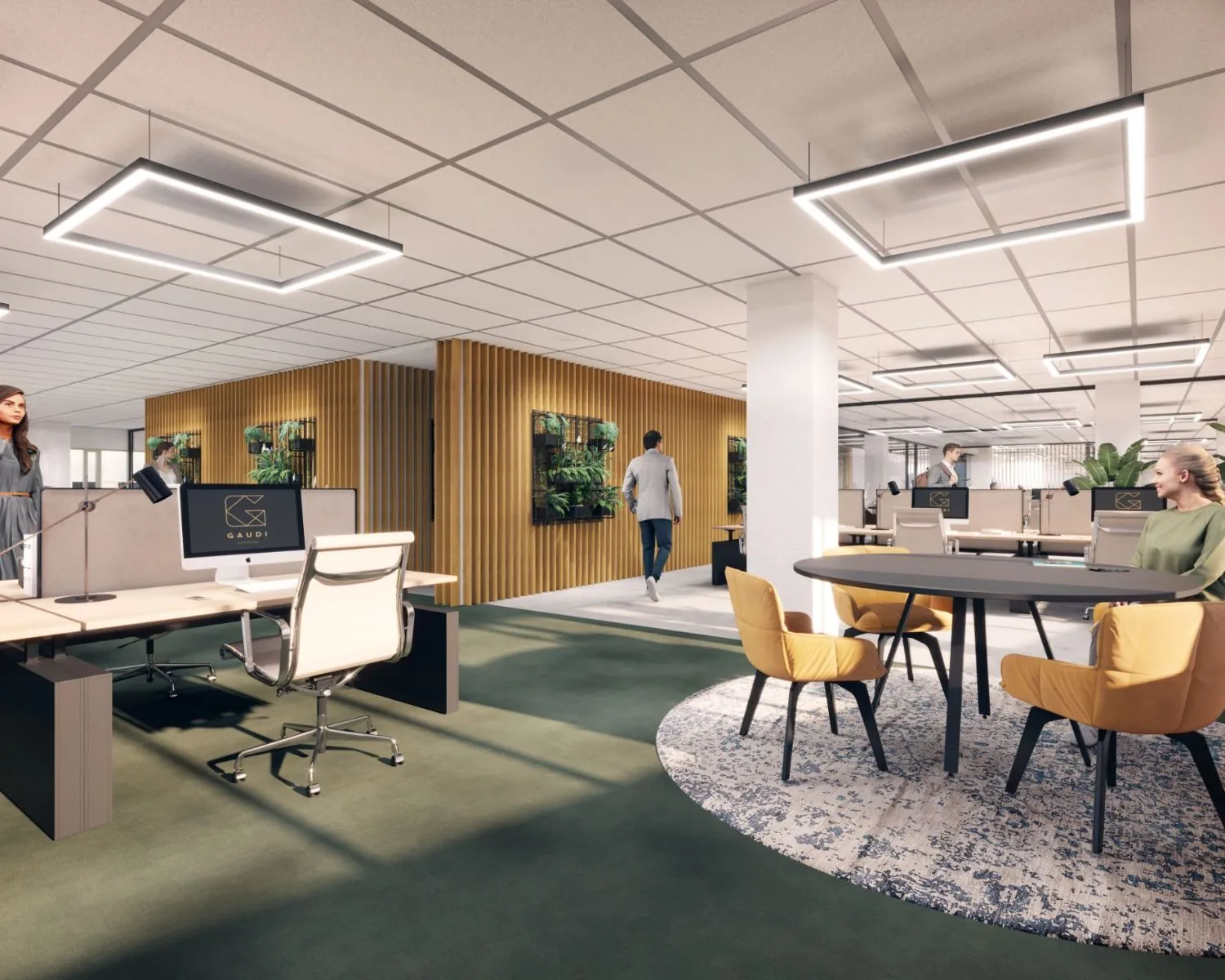 Moderne, open kantoorruimte te huur aan de Herikerbergweg 288-290 in Amsterdam met werkplekken, vergadertafel en warme houten accenten.