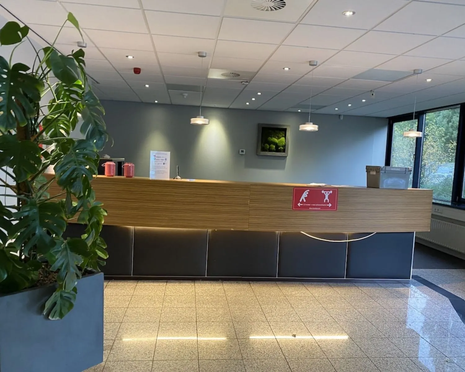 Moderne receptiebalie in de kantoorruimte Elisabethhof in Leiderdorp met planten en hanglampen.