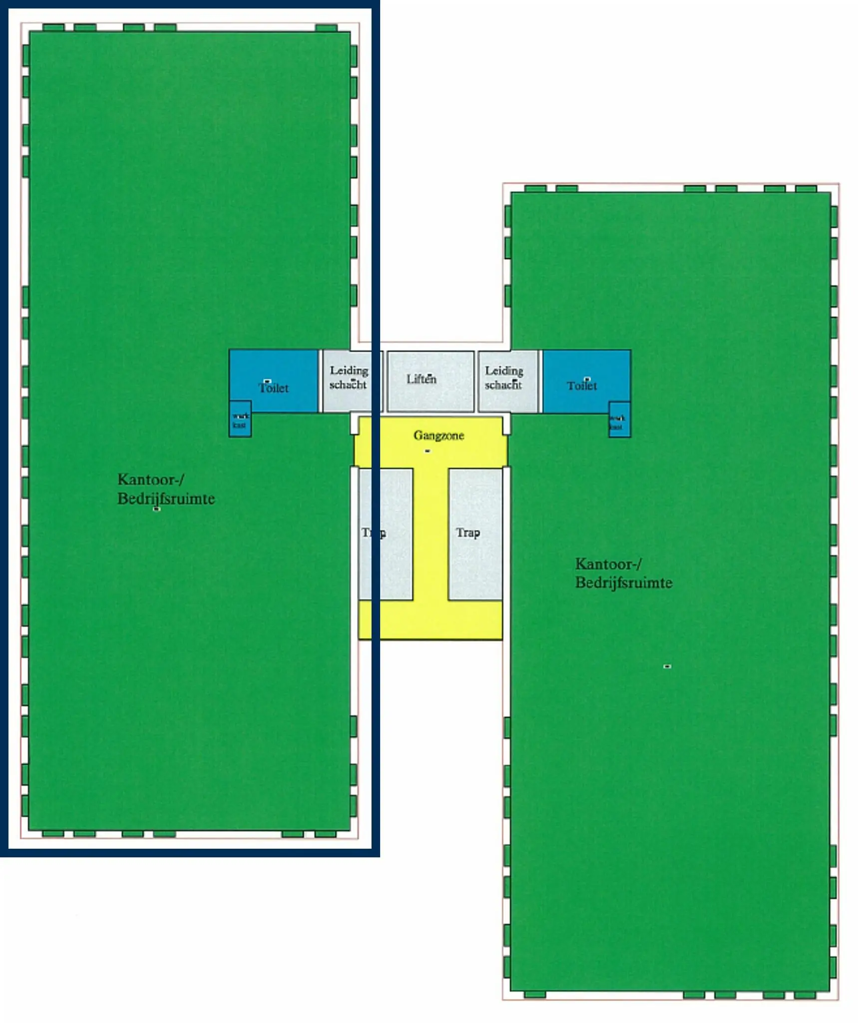 Plattegrond van twee kantoor- en bedrijfsruimtes aan de Zekeringstraat, verbonden via een centrale gangzone met liften, trappen en sanitaire voorzieningen.