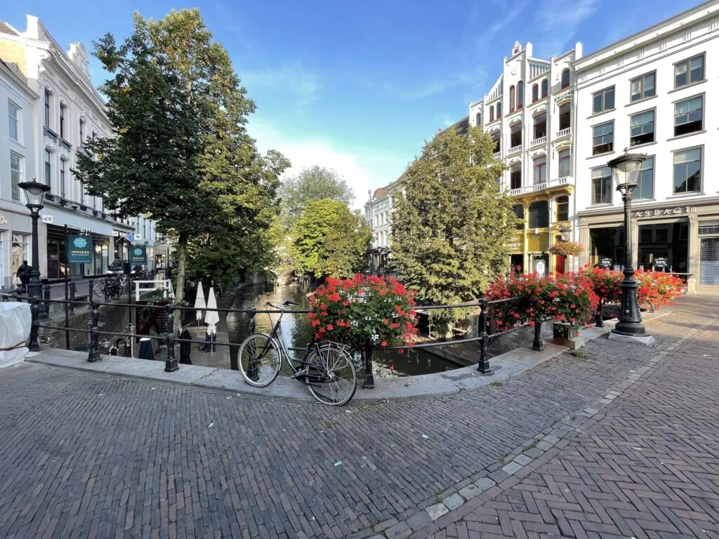 Brug met bloemen en fietsen aan de Ganzenmarkt in Utrecht met zicht op de gracht en omringende historische panden.
