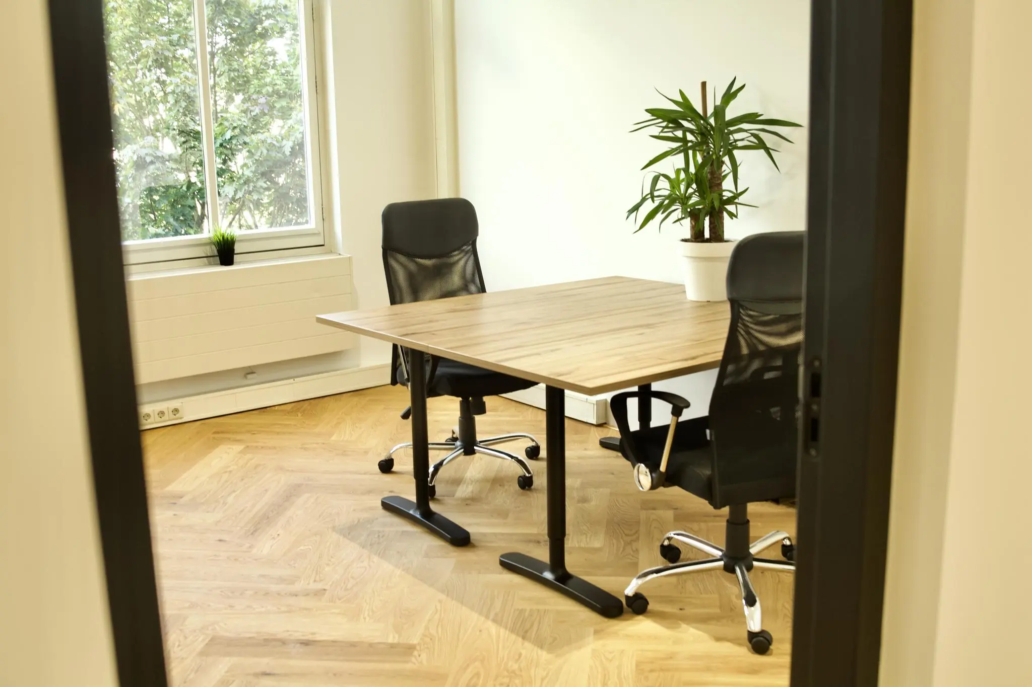 Kleine vergaderruimte met twee bureaustoelen, een houten tafel en een plant, gezien vanaf de deuropening in Westplein.
