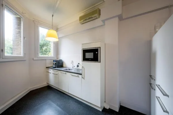 Moderne witte keuken met ingebouwde magnetron, koffiezetapparaat en twee ramen die uitzicht bieden op groen.