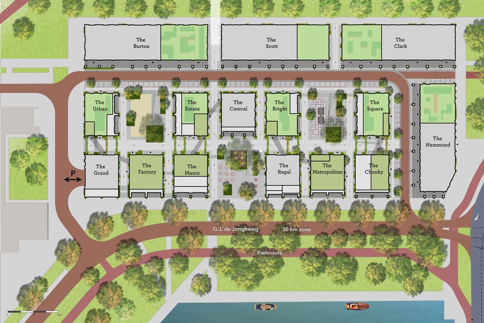 Plattegrond van gebouwen in een woongebied aan de Karl Weisbardstraat, met namen als The Urban, The Estate, en The Central.