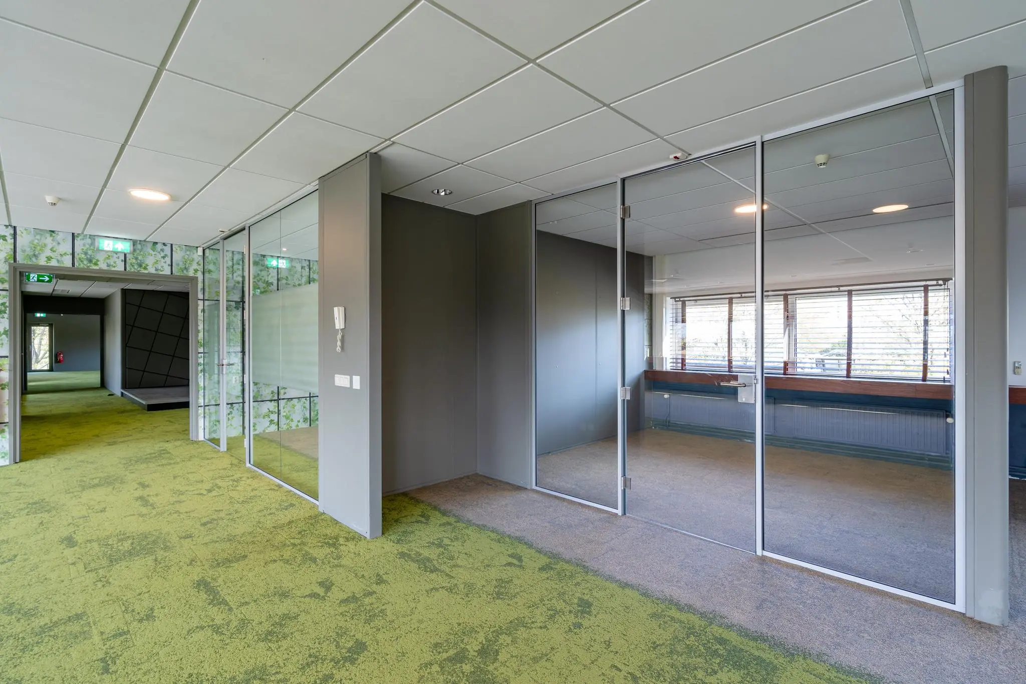 Moderne kantoorruimte aan de Mijlweg met glazen wanden, groen tapijt en grote ramen met jaloezieën.
