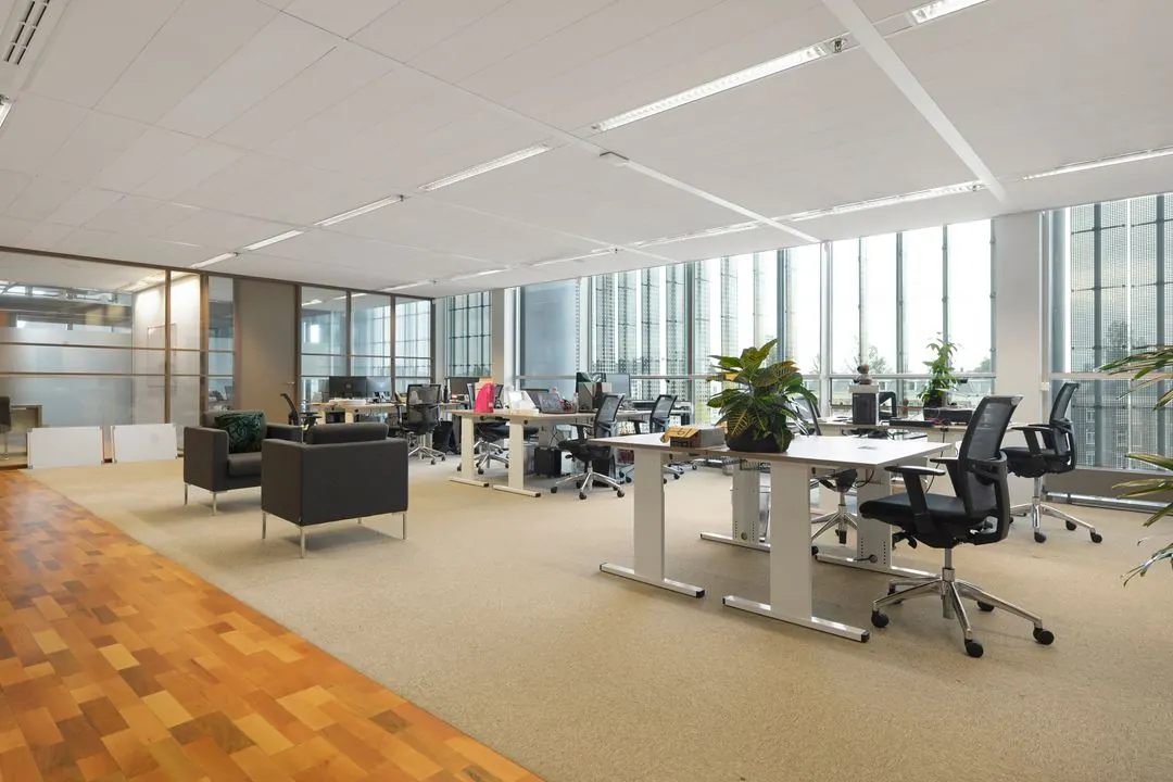 Modern en licht open kantoorinterieur aan de Jacob Bontiusplaats met werkplekken, bureaustoelen en kamerplanten.