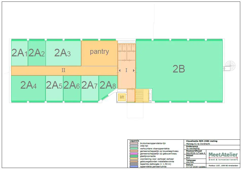 Plattegrond van de tweede verdieping aan de Mijlweg 61 te Dordrecht met diverse unitnummers, pantry, lift en gemeenschappelijke ruimten.