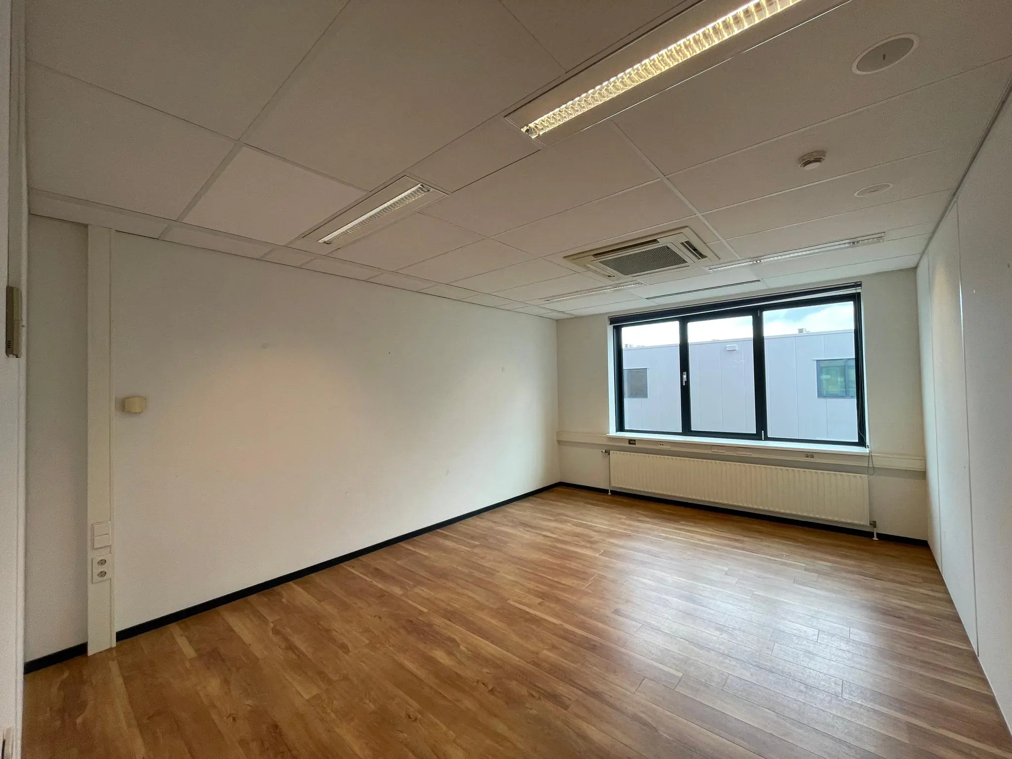 Lege kantoorruimte met houten vloer, wit plafond, groot raam en systeemplafondverlichting.