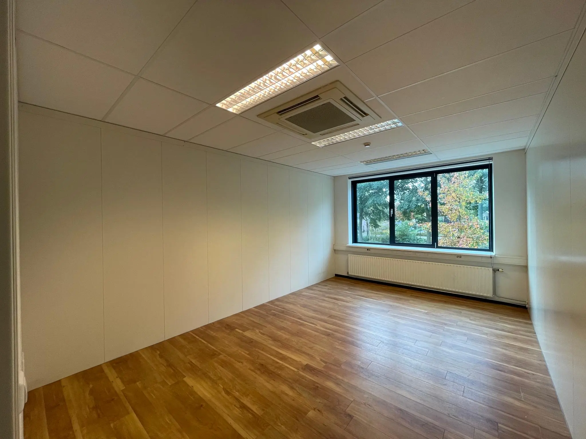 Lege kantoorruimte met houten vloer, systeemplafond en groot raam met uitzicht op bomen.
