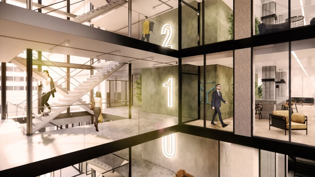 Moderne kantoorruimte aan de Catharijnesingel met open trappenhuis en glazen wanden tussen verdiepingen 0, 1 en 2.