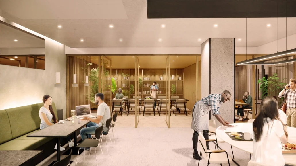 Moderne horecaruimte aan de Catharijnesingel met mensen die werken, eten en ontspannen in een stijlvol interieur.