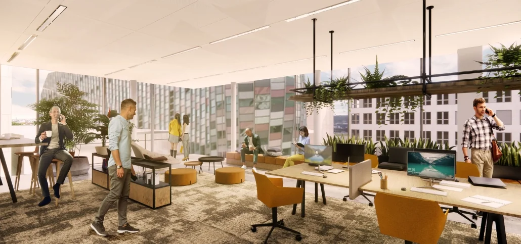 Moderne, open kantoorruimte aan de Catharijnesingel met grote ramen, planten en werkende mensen.