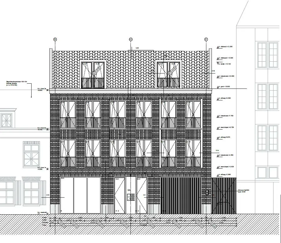 Architectonische vooraanzicht-tekening van een nieuwbouwpand aan de Reguliersdwarsstraat met drie verdiepingen en een pannendak.