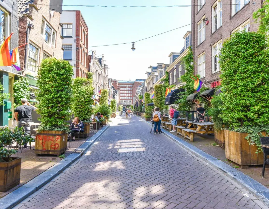 Zonnige straat in de Reguliersdwarsstraat in Amsterdam met terrassen, groene planten en regenboogvlaggen.