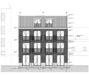 Architectonische vooraanzichttekening van een nieuwbouwpand aan de Reguliersdwarsstraat met vier bouwlagen en een pannendak.