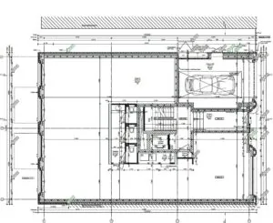 Bouwkundige plattegrond van een pand aan de Reguliersdwarsstraat met indeling van ruimtes, parkeergarage en technische voorzieningen.