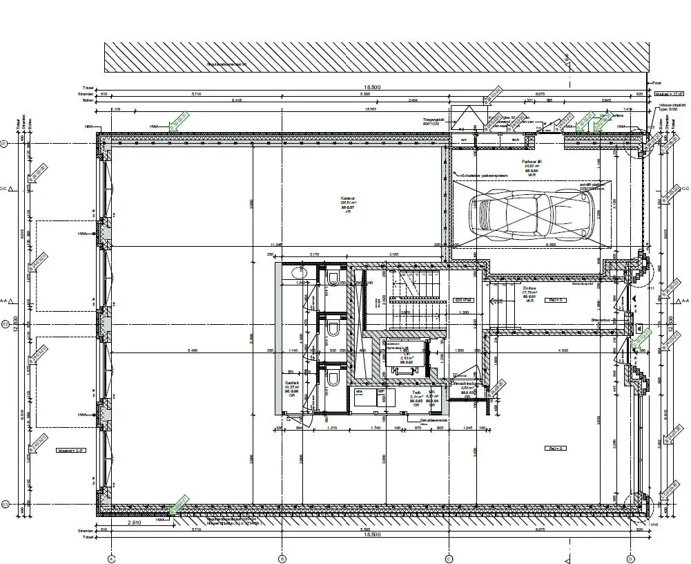 Bouwkundige plattegrond van een pand aan de Reguliersdwarsstraat met indeling van ruimtes, parkeergarage en technische voorzieningen.