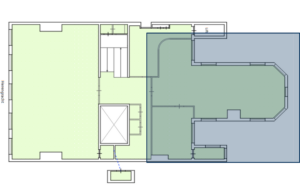 Plattegrond van een verdieping aan de Herengracht met verschillende ruimtes en trappenhuizen.