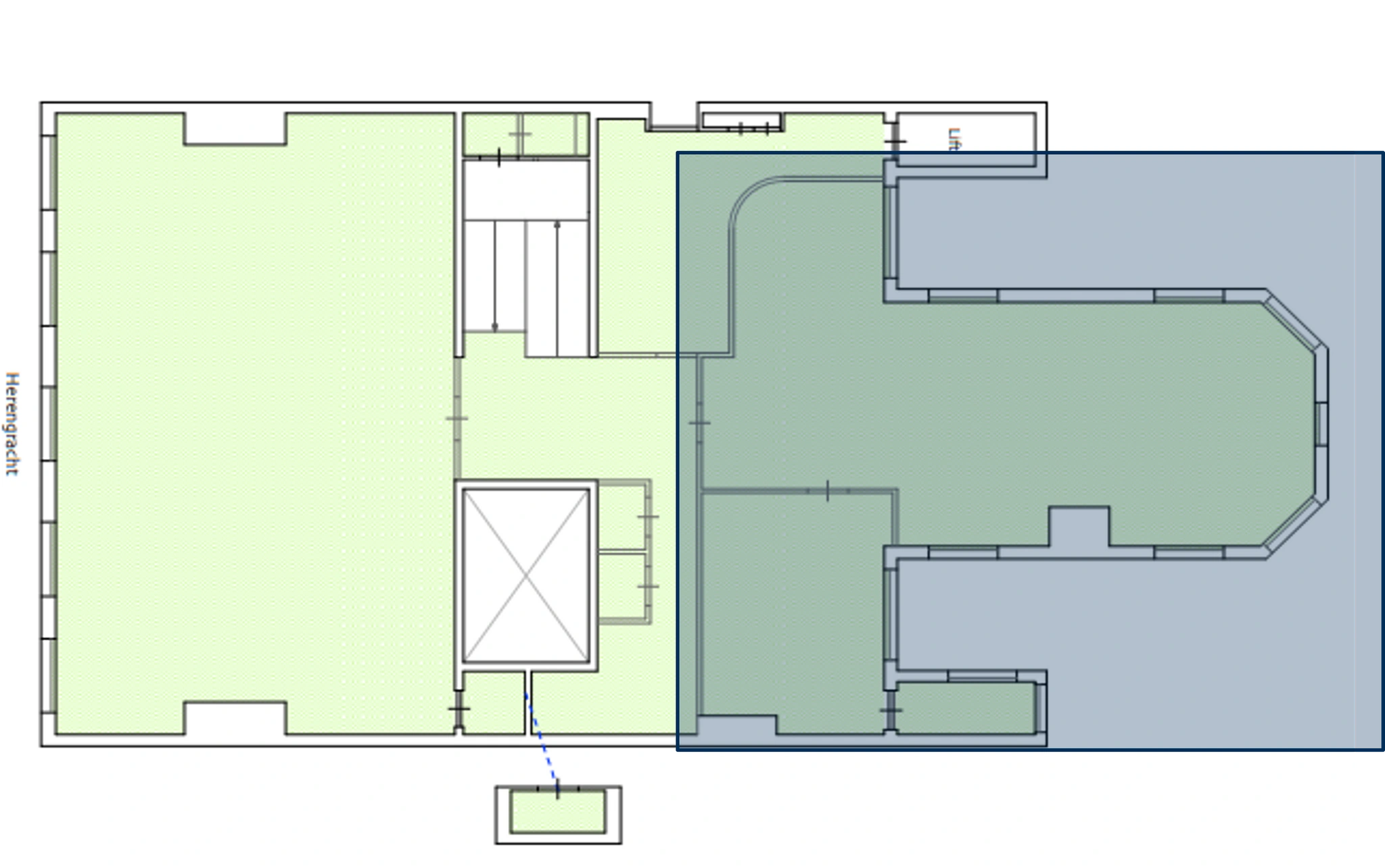 Plattegrond van een verdieping aan de Herengracht met verschillende ruimtes en trappenhuizen.