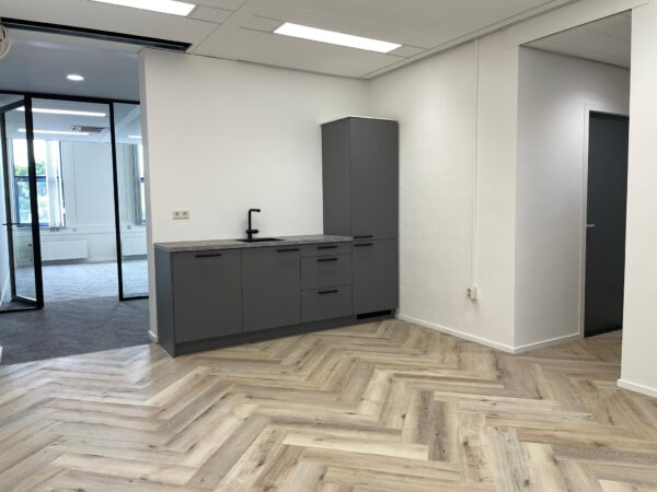 Moderne kantoorruimte met een grijze kitchenette, visgraatvloer en glazen kantoordeuren.