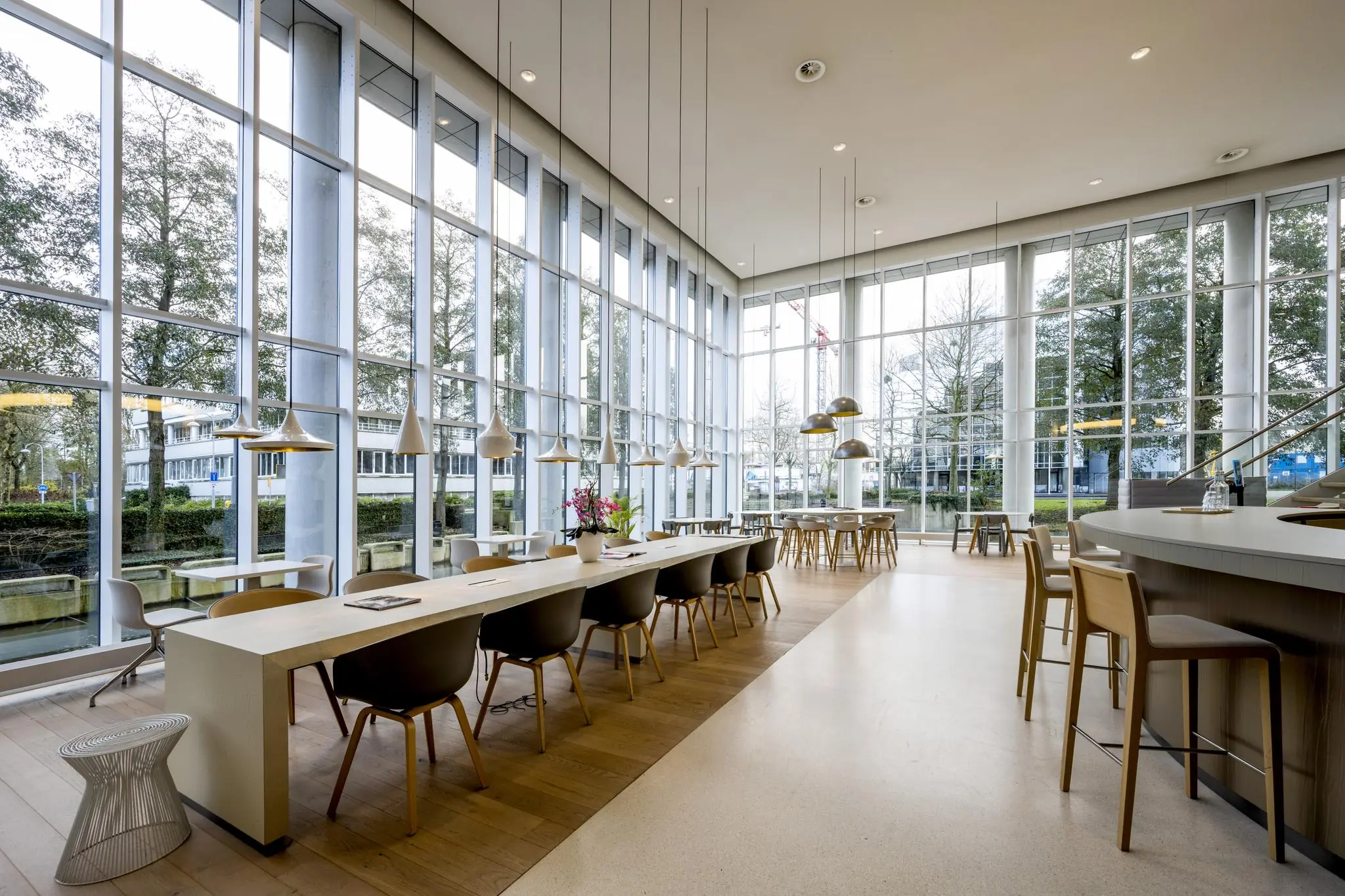 Moderne en lichte kantoorlounge aan de Neptunusstraat met hoge ramen, designmeubilair en uitzicht op het water.