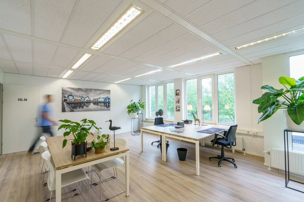 Modern en licht kantoor aan de Huizermaatweg met bureaus, planten en wanddecoratie.