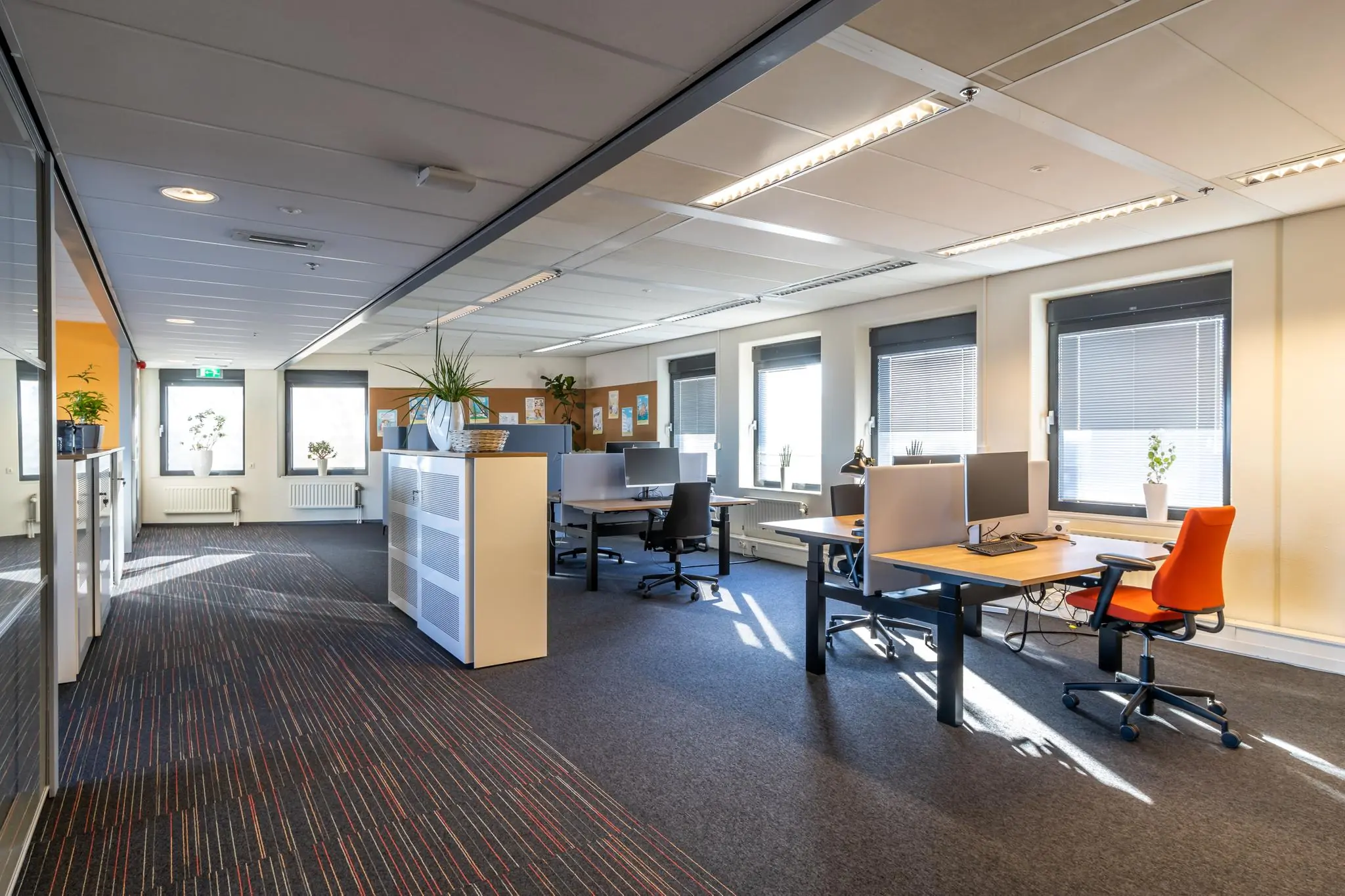 Modern en licht open kantoor met werkplekken, bureaustoelen en grote ramen aan de Oudlaan.