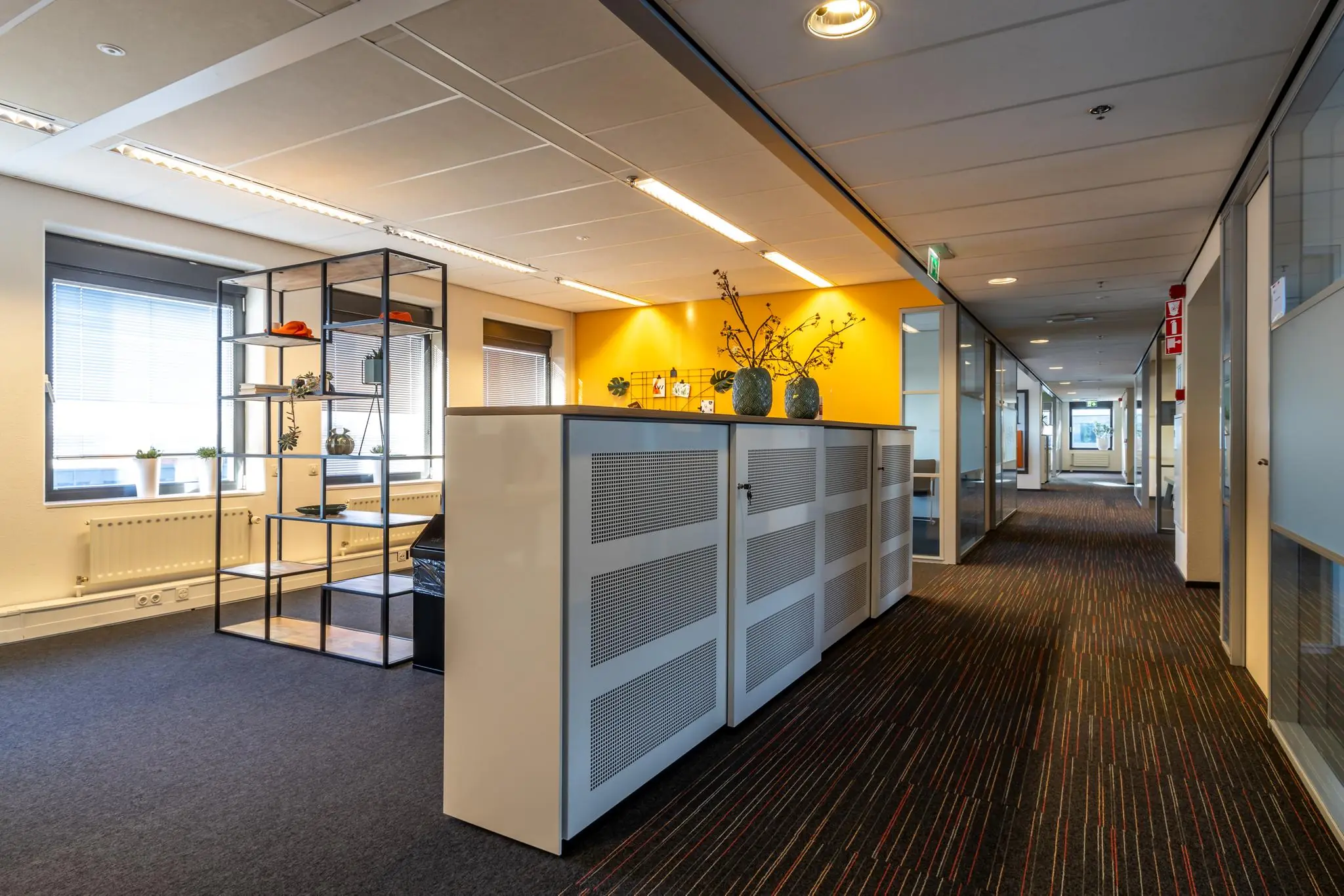 Modern kantoorinterieur met glazen kantoorkamers, een gele accentmuur en een open ontvangstruimte.