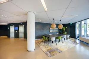 Moderne kantoorlobby aan de Hogehilweg met vergadertafel, kleurrijk vloerkleed, liften en grote ramen.