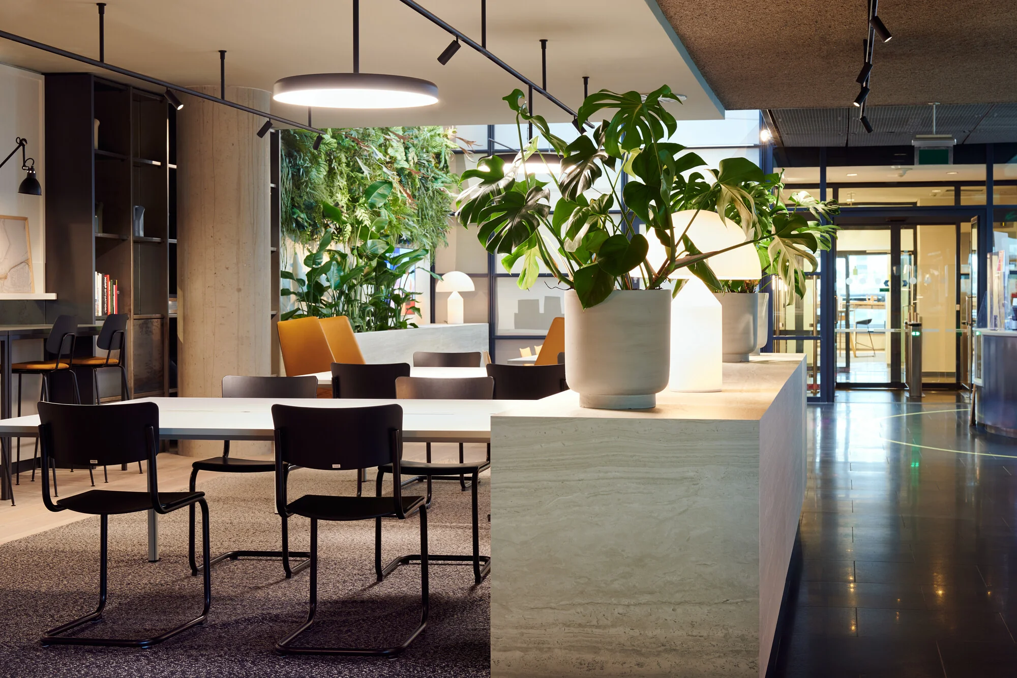 Moderne en lichte kantoorruimte aan de Piet Heinkade met grote planten, strakke meubels en een groene wand.