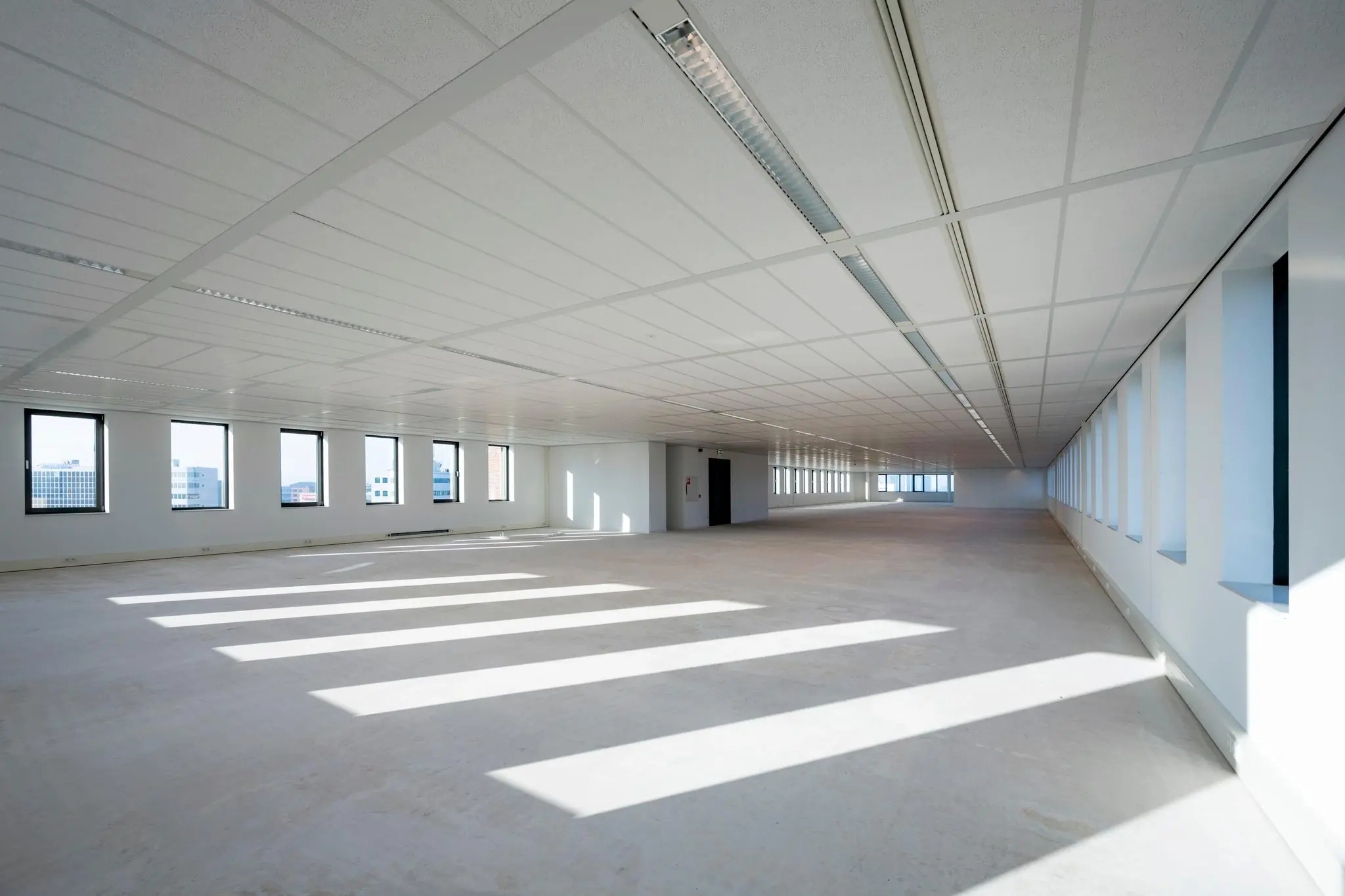 Licht en ruim leeg kantoorpand aan de Bloemlaan met grote ramen en systeemplafond.