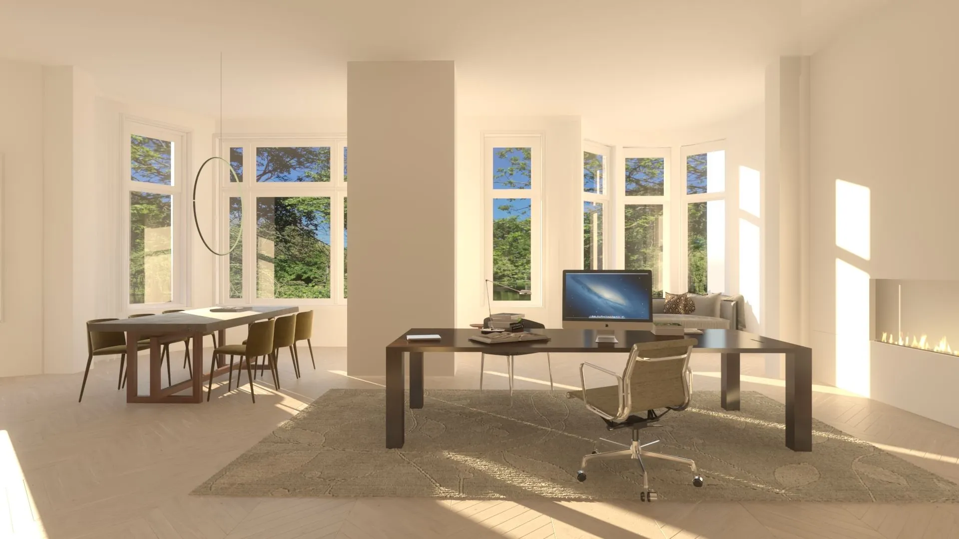 Lichte, moderne werk- en eetruimte aan de Koningslaan met grote ramen, een haard en uitzicht op groen.