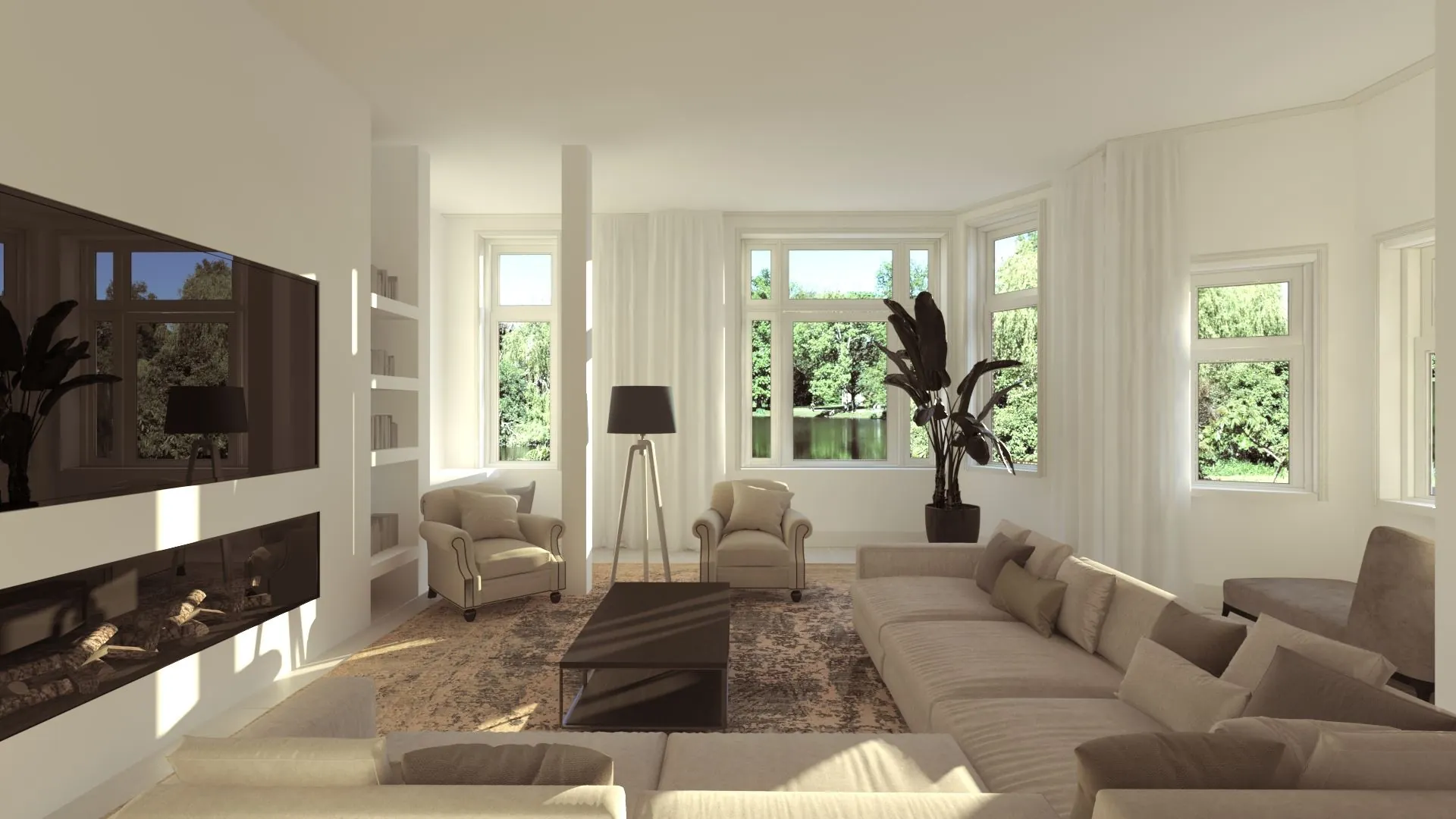 Lichte en ruime woonkamer aan de Koningslaan met moderne inrichting en uitzicht op groene omgeving.