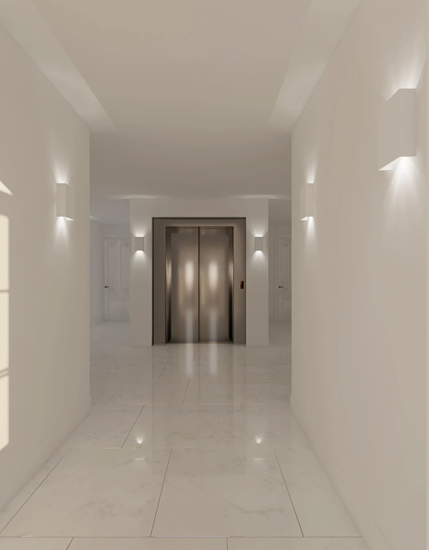 Licht marmeren hal met moderne wandverlichting en een dubbele lift bij Koningslaan.